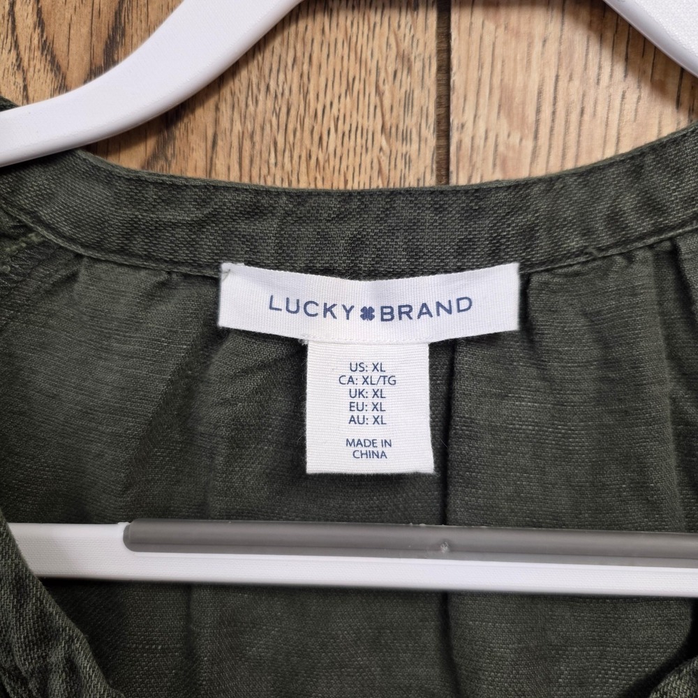Lucky Brand Dress Women XL Green Linen Blend Belted Shirt Midi Utility Pockets - Picture 3 of 9